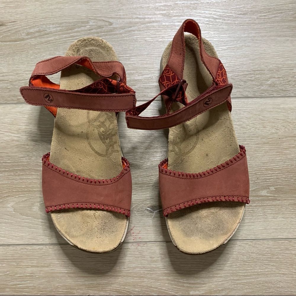 Merrel Strappy Jacardia Sandal Arch Support Dark Red & Orange 9